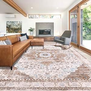 Ileading Bohemian Vintage Area Rug 8x10ft, Machine Washable Low-Pile Living Room Accent Carpet Non-Shedding Rugs for Bedroom Non-Slip Floor Throw Rugs for Dining Room, Kids Playroom(Beige&Orange)