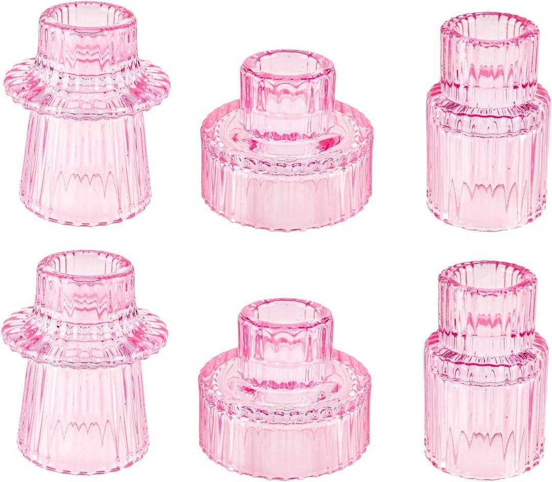 Double Sided Vintage Ribbed Taper Glass Candle Holders,Tea Candle Holder for Table Centerpieces, Wedding Decorations and Dinner Parties (Pink, 6 PCS)