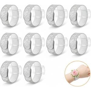 10 Pcs Silver Elegant Wrist Corsage Slap Bracelets, DIY Floral Slaplets Wristlet Bands for Wedding, Prom, Bridal Shower, Party, and Wrist Accessories