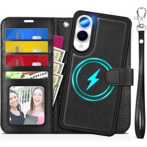 TUCCH Wallet Case for Galaxy S25 Edge, Removable 2 in 1 RFID Blocking [4 Card Slot] Wrist Strap [Wireless Charging] Kickstand PU Leather Magnetic Detachable Protective Cover for Galaxy S25 Edge, Black