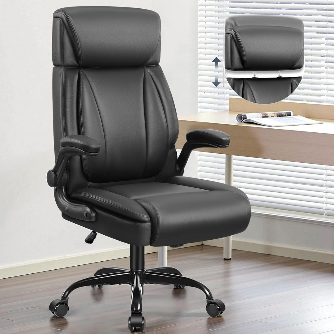 Leather Office Chair, Big and Tall Office Chair Executive Breathable PU Computer Chairs with Lumbar Support, High Back Home Desk Chairs with Flip-up Armrests, Adjustable Headrest (Black)