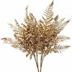 PASYOU Artificial Plants, Golden Fake Flowers Decoration for Christmas Plastic Boston Grass Faux DIY Crafts Indoor Outdoor Home Décor Garden Party Room Bedroom Wedding Table Centerpiece, Gold 2 Pack