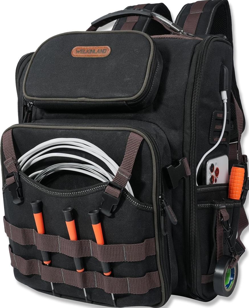WELKINLAND 46-Pockets Electrician Backpack, Full-Open Tool Backpacks, Heavy Duty Tools Backpack, Waterproof Waxed-Canvas Tool Backpacks, HVAC, Mechanics Tools Bag