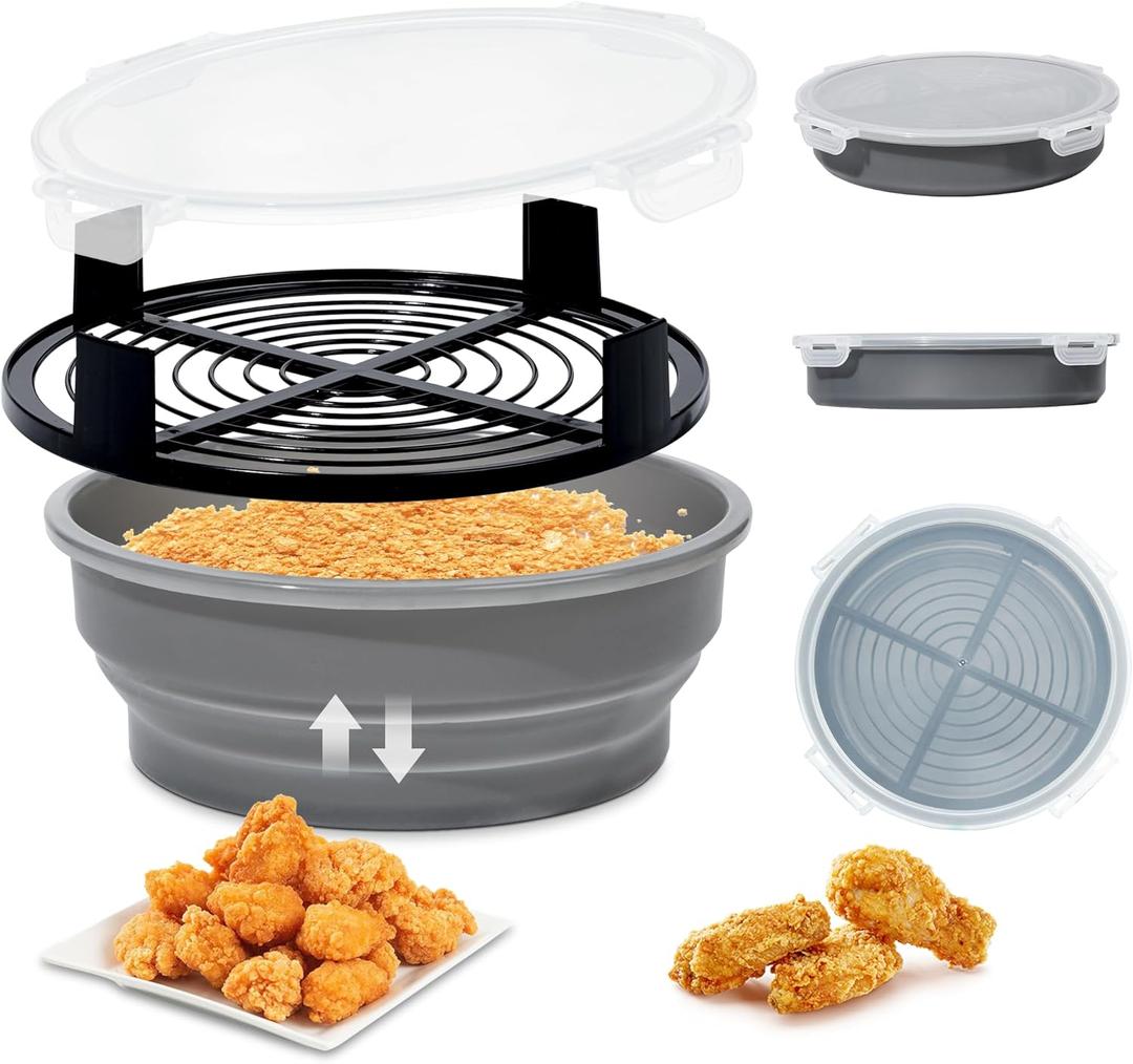 FJNATINH Collapsible Batter Bowl - Mess Free Better Breader Shaker Bowl with Lid Breading Shaker Container - Great for Fried Fish, Fried Chicken, Onion Rings, Wings & More,No Leak,Easy to Store (Gray)
