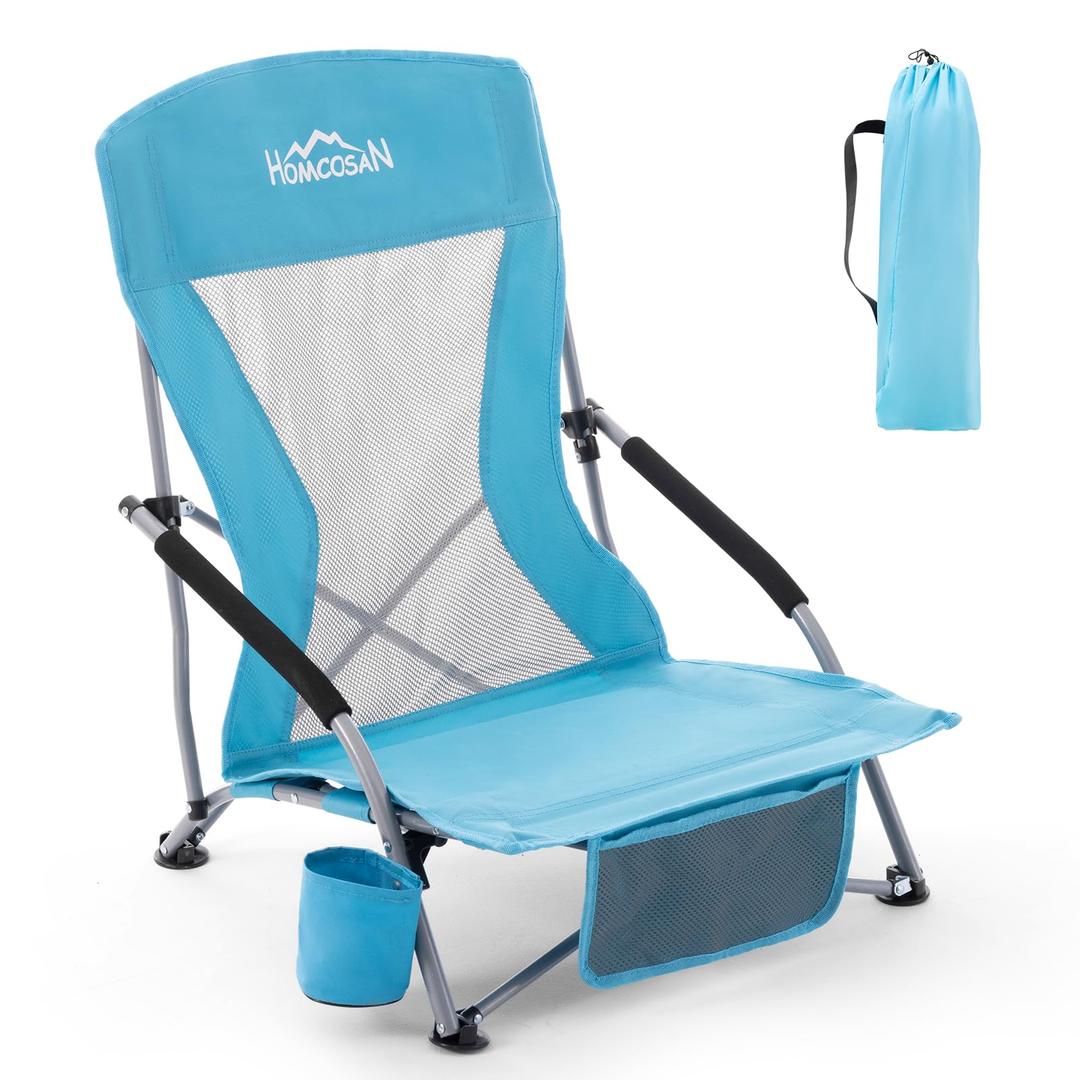Homcosan Portable Low Folding Beach Chairs Set of 2 with Detachable Umbrellas - Lightweight Camping Chairs for Adults with Cup Holder & Storage Pockets, Carry Bag Included (Blue)