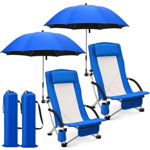 Colingmill 4 Pcs Low Beach Chair with Umbrella Camping Chair Backpack Folding Recliner Mesh Back with Headrest Cup Holder Carry Bag for Summer Tent Picnics Outdoor Travel Barbecues (Ocean Blue)
