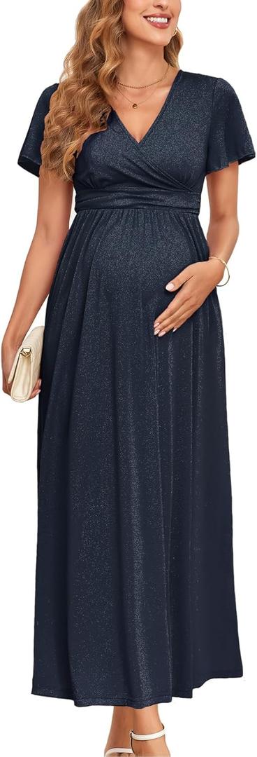 2025 Women's Sparkly Maternity Maxi Dress Ruffle Sleeve Wrap V Neck Pregnancy Dresses with Pockets Baby Shower (Medium)