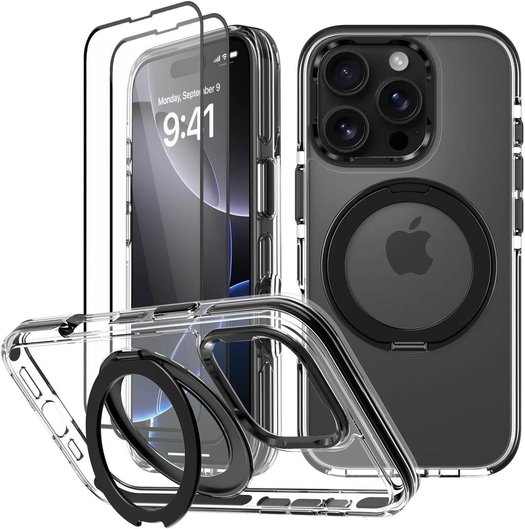 Clear Case for iPhone 16 Pro Case with Stand & 2X Screen Protector [ Compatible with MagSafe ], Military Grade Drop Protection Magnetic Phone Cover with Ring for Women Men, Black
