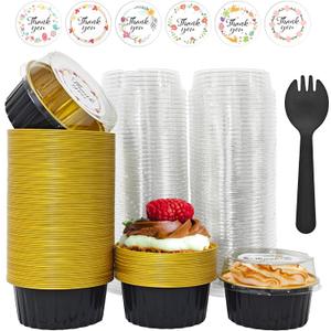 100 PCS Mini Cake Pans with Lids and 100 PCS Spoons,Aluminium Foil Baking Cups, 5 oz Disposable Baking Cups Foil Ramekins For Party Birthday Wedding Valentines (Black)