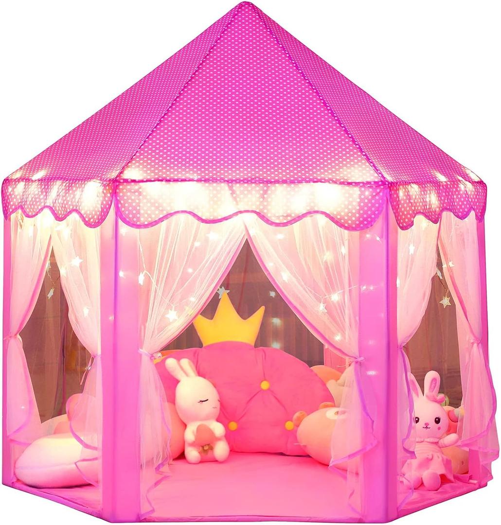 Wilwolfer Princess Castle Play Tent for Girls Large Kids Play Tents Hexagon Playhouse with Star Lights Toys for Children Indoor Games (Pink)