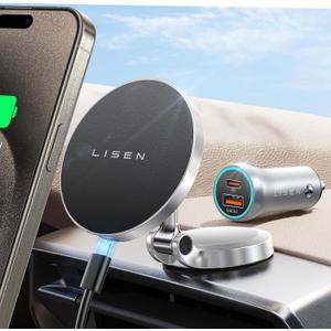 LISEN for Magsafe Car Mount Charger, [Upgrade Set] 360 Rotation Wireless Magsafe Car Charger, Foldable Car Phone Holder Dashboard fit iPhone 16 Pro Max Plus 15 14 13 12, Samsung with MagSafe Case