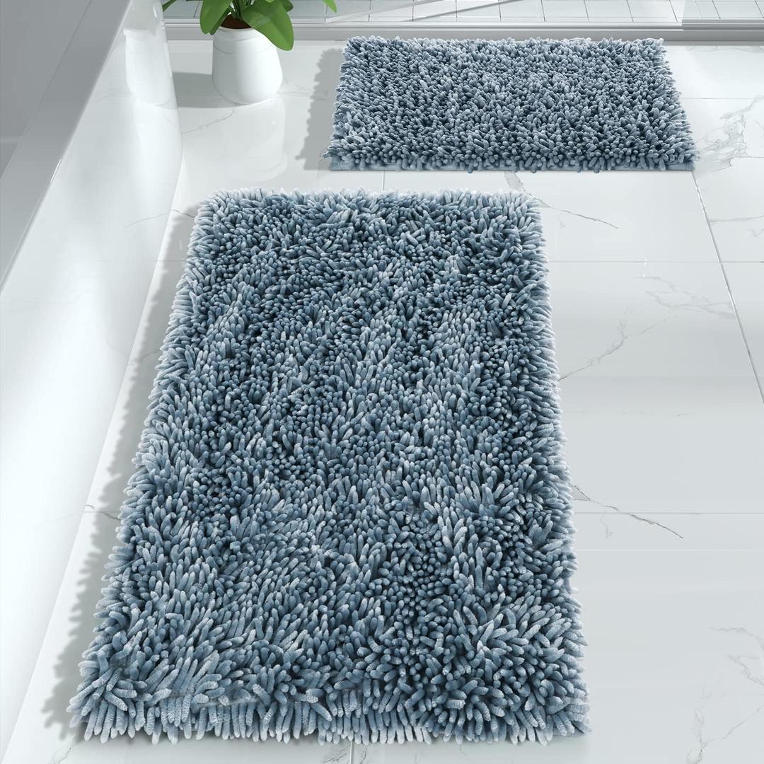 Yimobra Bathroom Rugs Sets 2 Piece, Luxury Shaggy Extra Thick Bathroom Rugs, Plush Non-Slip Mats for Bath Room Floor, Machine Wash, Ultra Absorbent, 44.1 x 24 + 24 x 17 Inches, Light Blue