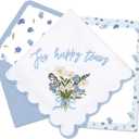 FYSUIMU 9 Pcs Happy Tears Handkerchief Blue Floral Embroidered Cotton Handkerchief with Greeting Card Envelope Something Blue for Wedding Bride Shower (Blue)