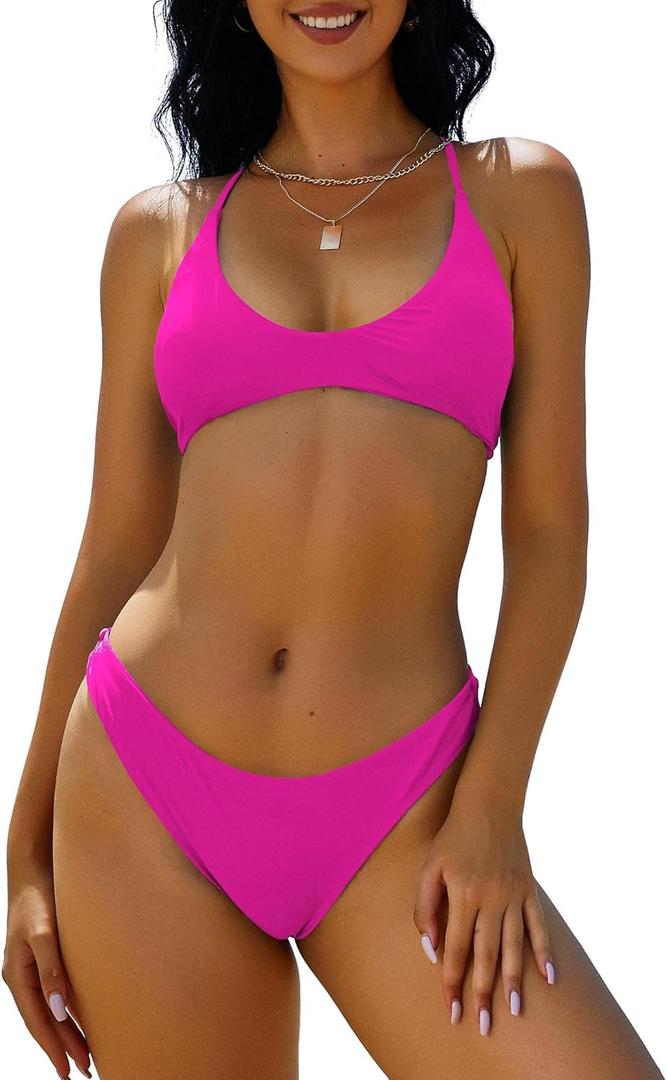 ZAFUL Women's Tie Back Padded High Cut Bralette Bikini Set Two Piece Swimsuit (Pink, M)
