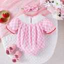 Baby Girl Clothes Smocked Romper Newborn Plaid Short Sleeve Bubble Bodysuit + Bow Headband Summer Outfits 12-18 Months