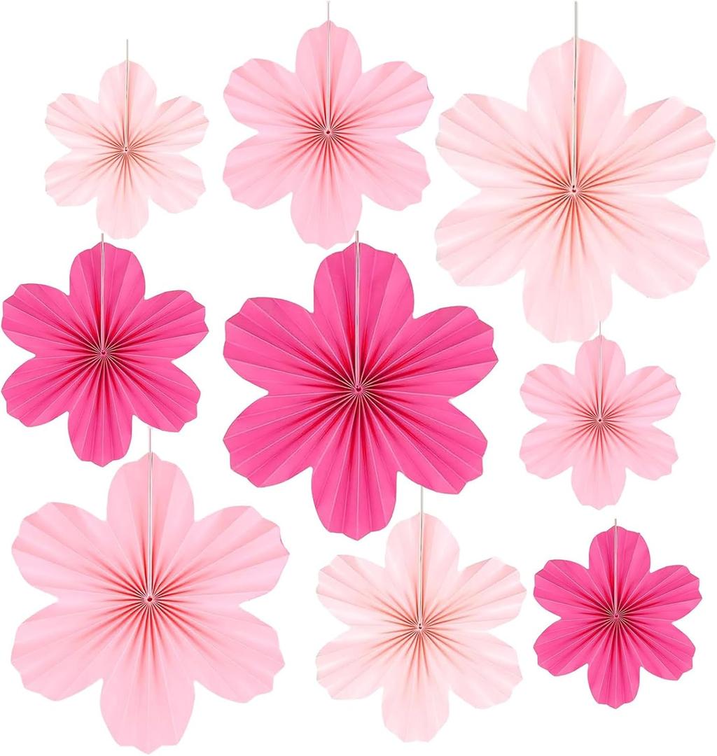 2 x Paper Flower Decorations Set, Paper Flower Ornaments Hot Pink Hanging Fan Flowers, Party Backdrop Garland for Birthday, Wedding, Baby Shower, 9 Pieces