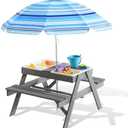 Beright 3-in-1 Kids Picnic Table, Play Sand and Water Sensory Table with Height Adjustable Umbrella & Removable Tabletop, Kids Wooden Outdoor Table, with 3 Storage Bins, Upgraded