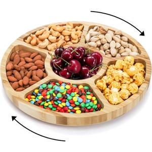 Dicunoy Divided Serving Dish Tray, 13'' Bamboo Rotatable Veggie Fruit Platter, Lazy Susan Relish Sectional Snack Container Bowls with 6 Compartments for Candy, Appetizer, Nuts, Parties