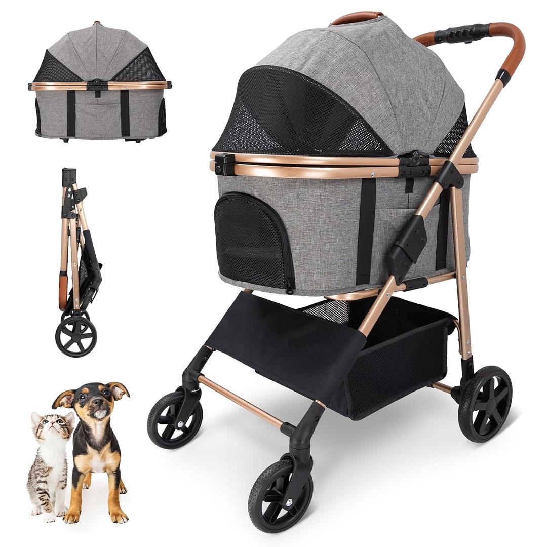 Pet Stroller with Detachable Carrier and No-Zip Canopy, Gray | Seat-Belt-Compatible Carrier, Two-Way Canopy, One-Hand Fold, 2 Tethers, Swivel Front Wheels, Linked Rear Brake, Side Pocket
