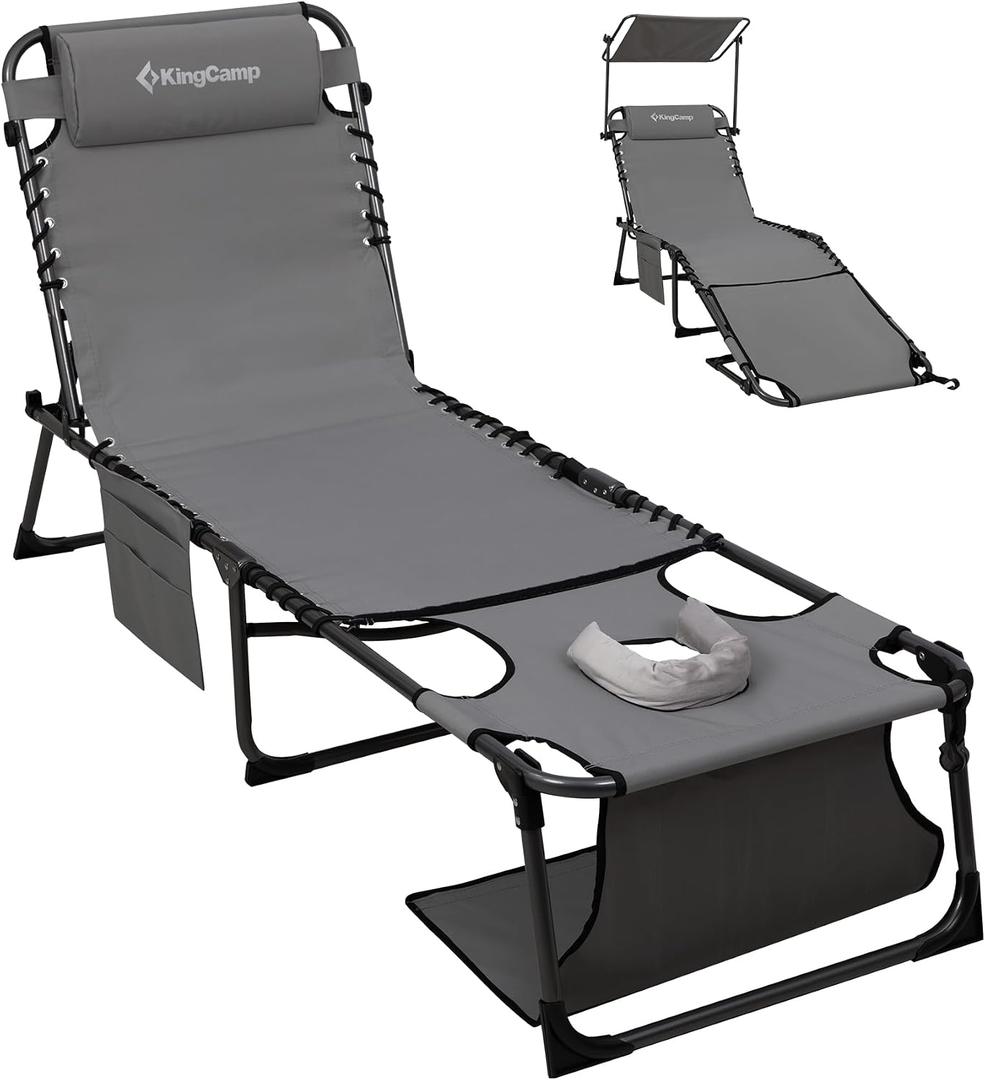 KingCamp Lounge Chair with face Hole & Canopy Shade, 400LBS Folding Portable Tanning Chair with face Hole, Adjustable 5-Position Foldable Beach Sun Tanning Chair for Outside Beach Patio Outdoor Pool