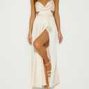 Women's Satin Cowl Neck Backless Maxi Dress Sexy Tie Back Spaghetti Strap Ruched Wedding Guest Slit Long Dresses (M)