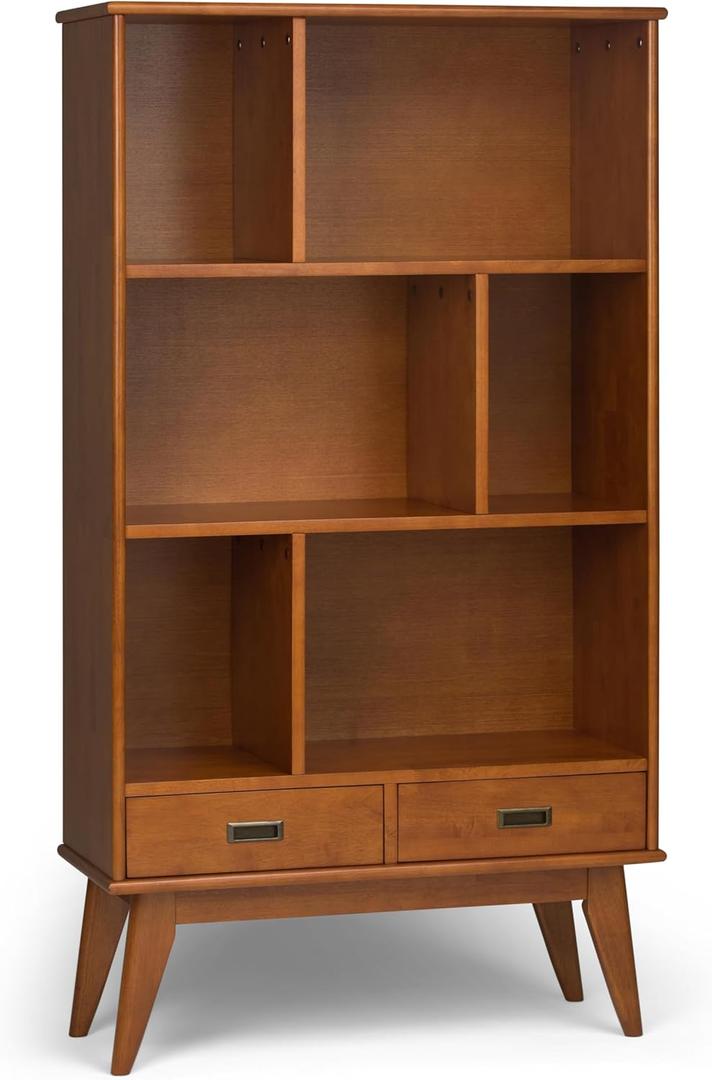 SIMPLIHOME Draper Bookcase - 64 inch Tall Solid Wood Wide Storage Bookshelf in Teak Brown, Mid-Century Modern Storage for Living Room, Study Room or Office with Adjustable Shelves and Tapered Legs