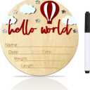 Baby Announcement Sign, 5.9 Inch Wooden Hello World Newborn Signs, Birth Announcement Sign and Pen, Hot Air Balloon and White Cloud Decoration, Welcome Newborn Arrival to World (Red)