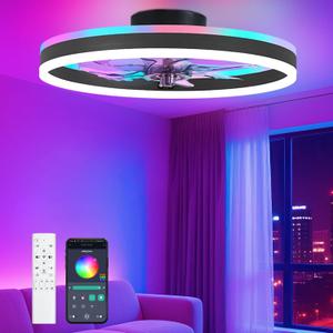 RGB Ceiling Fans with Lights, 19.7" Smart Low Profile Ceiling Fan, Modern Flush Mount Fandelier Light with Remote/APP Control, Dimmable Led Ceiling Fan Light for Living Room, Bedroom, Indoor