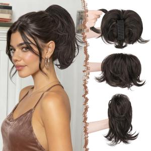 FESHFEN Claw Clip Short Ponytail Extensions - DIY Bendable Metals Fluffy Messy Bun Hair Piece Straight Synthetic Hairpieces Ponytail Extension for Women, Dark Brown