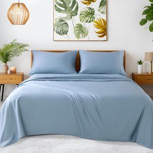 SONORO KATE 100% Egyptian Cotton Sheets - 1200 Thread Count, Luxury & Cooling Hotel Cotton Bed Sheets Set 4 Piece, Sateen Weave for Soft Feel, Fits Upto 16" Mattress (French Blue, Queen)