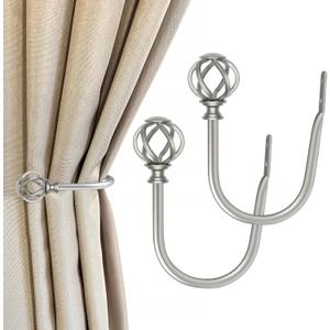 2 Pack Curtain Holdbacks, USFOOK Decorative Window Drapery Tiebacks (2 Pack/1 Pair), Curtain Tie Back Hooks for Wall with Antique Silver Twisted Cage Finials (3.45" L x 5.35" W)