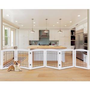 LZRS 6-Panel Extra Wide Wooden Freestanding Dog Gate: Foldable Solid Wood and Steel Wire Chew Resistant Safety Barrier for Doorways, Stairs, and Open Long Spaces Indoor Use, White
