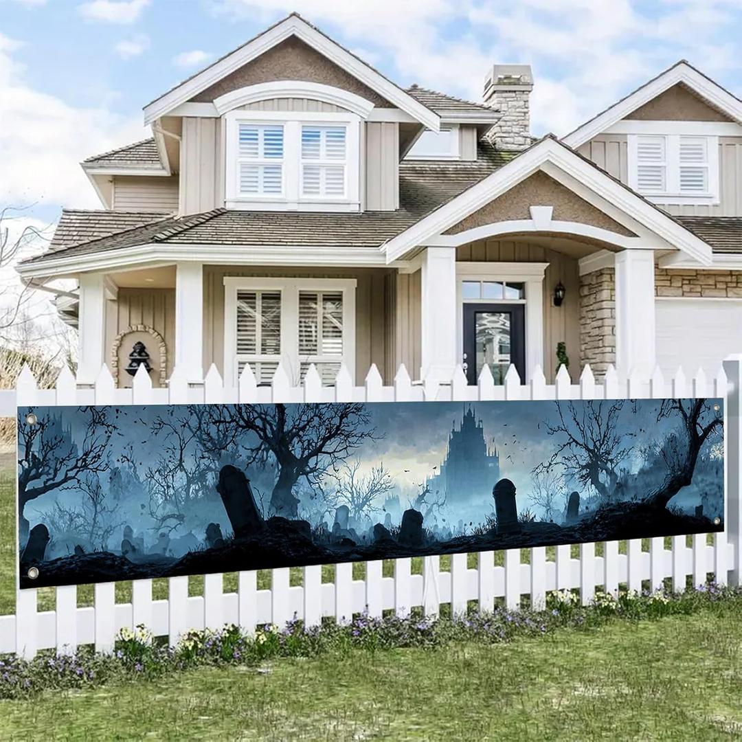 2 x Halloween Banner Haunted Graveyard Backdrop Banner 118x20 Inches Spooky Tombstones Dark Forest with Creepy Castle for Halloween Party Haunted House Outdoor Yard Wall Decor