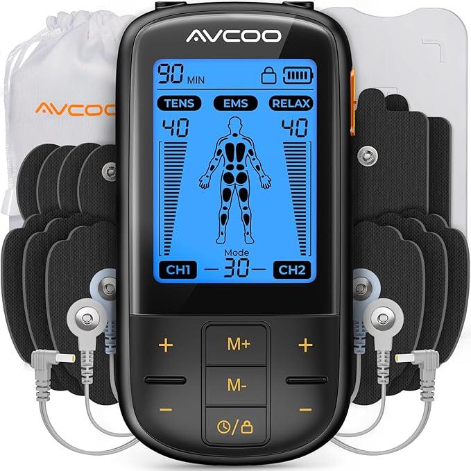AVCOO 3in1 TENS Unit Muscle Stimulator with 30 Modes, 40 Intensities TENS Machine for Gradual Back Pain Relief Therapy, Rechargeable EMS Unit Massager with 12 TENS Electrode Pads, a Storage Bag