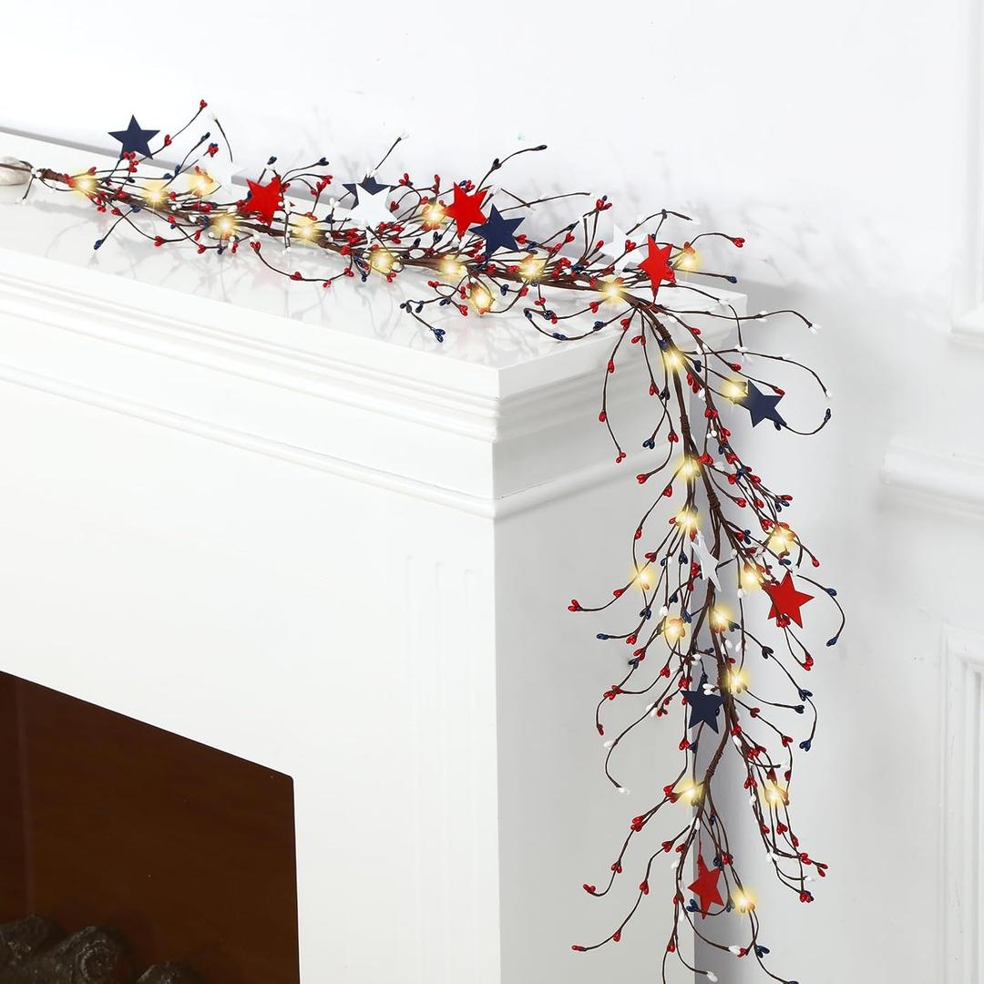 4th of July Independence Day Garland 4.5ft Long with Red White and Blue Berry Metal Pentagram Embellished Branches Patriotic Ornament Memorial Day Flag for Door Decor with 30 Fairy Lights (Star)