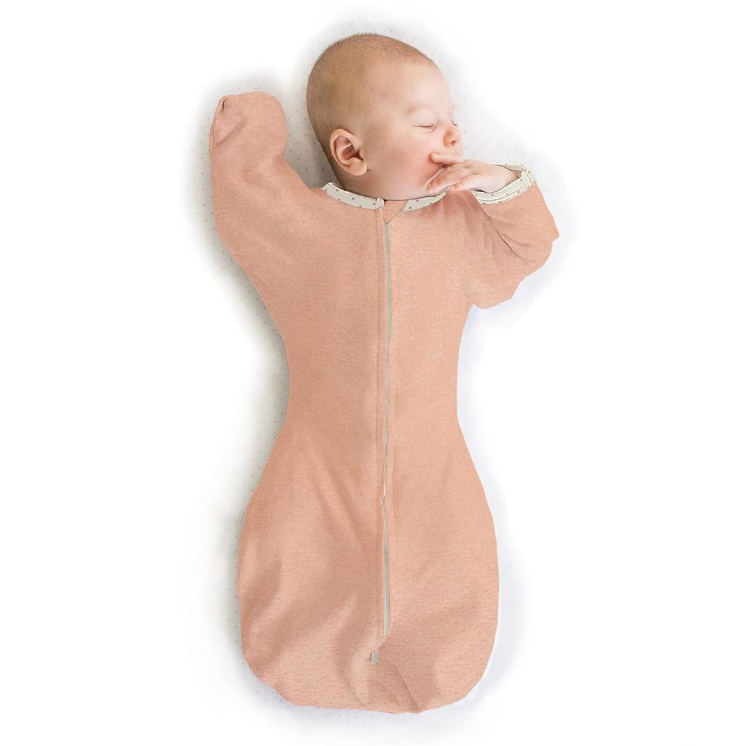 SwaddleDesigns Transitional Swaddle Sack With Arms Up Half-Length Sleeves and Mitten Cuffs, Heathered Peach Blush with Polka Dot Trim, Medium, 3-6 Mo, 14-21 lbs (Better Sleep, Easy Swaddle Transition)