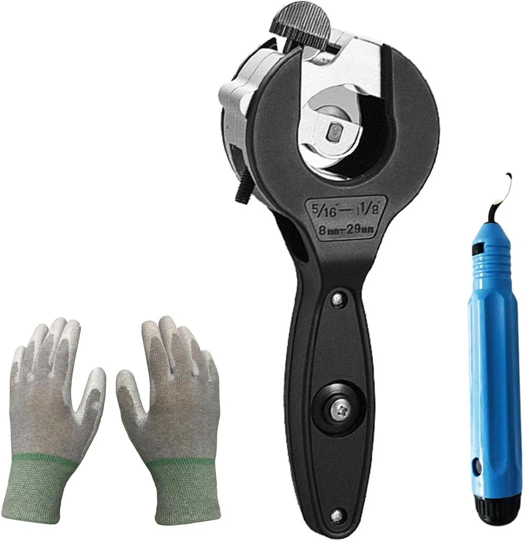 Ratchet pipe cutter 5/16"-1-1/8"| Compact 2-in-1 pipe cutter for narrow Spaces |PVC/Cu/plastic pipe cutter, equipped with ComfortGrip gloves + Pro deburring blade