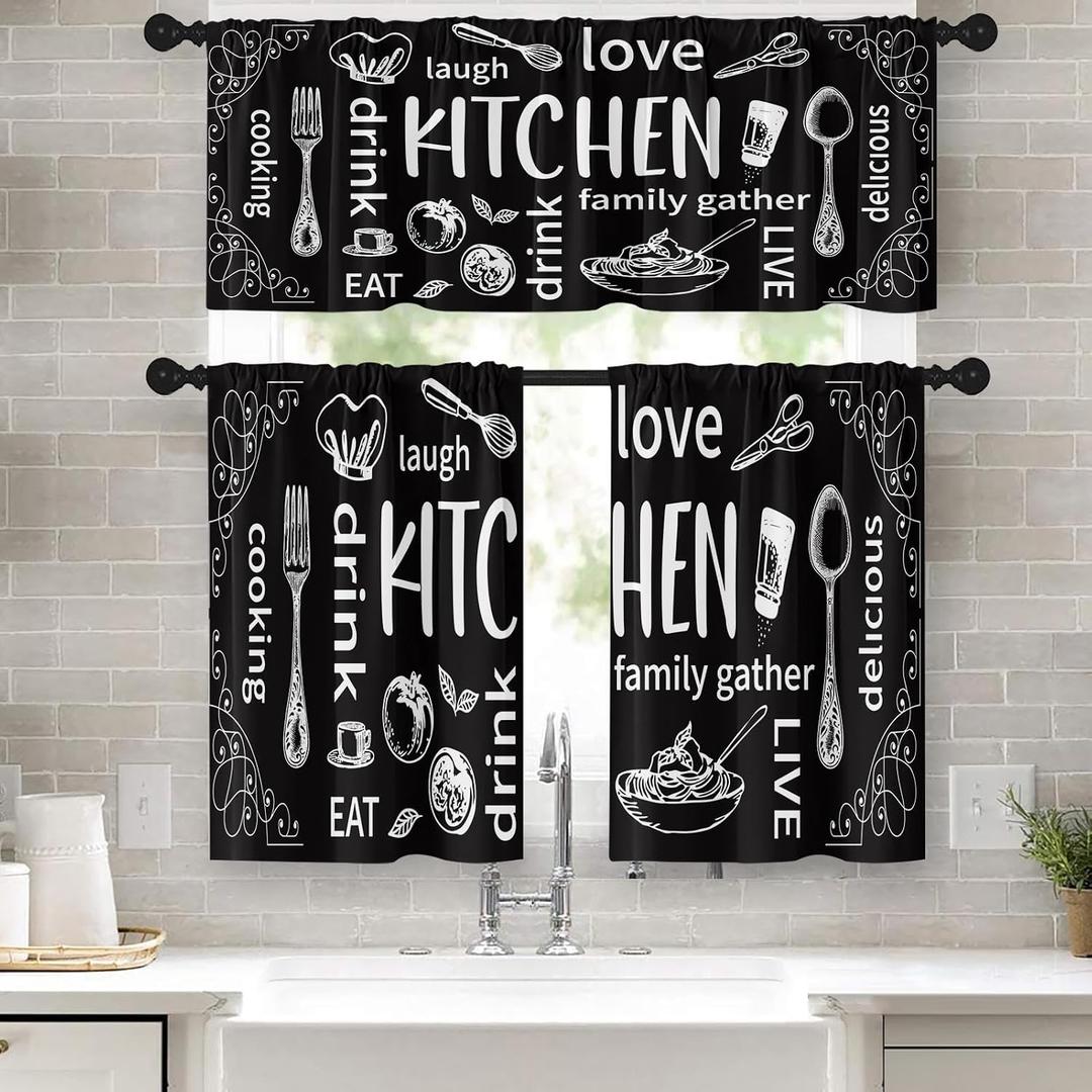 Farmhouse Chef Kitchen Window Curtains Valance and Tier Set, Modern Doodle Abstract Black Art Rod Pocket Short Tier Curtain, Funny Small Cafe Drapes for Kitchen Decor 52" x 24"