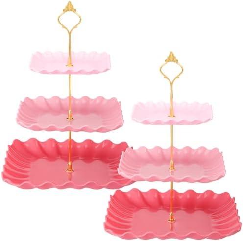 Lallisa 2 Pack Scalloped Cupcake Stand Dessert Plates Plastic Square Tiered Serving Stand Display Tower for Wedding, Birthday Party, Tea Party and Baby Shower(Pink Gradient)