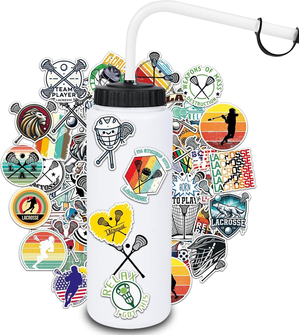 Lacrosse Gifts,2 Pack Lacrosse Water Bottle with Long Straw and 200PCS Lacrosse Stickers Accessories Stuff for Boys Men Player Lovers(1L,BPA,Squeeze)