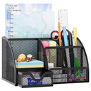 Greenco Mesh Desk Organizer Office & Dorm Room Supplies Caddy, 6 Compartments, Small Black Desk Organizer for Pen, Pencil, Small Office Supplies and Stationary Accessories Storage Organization