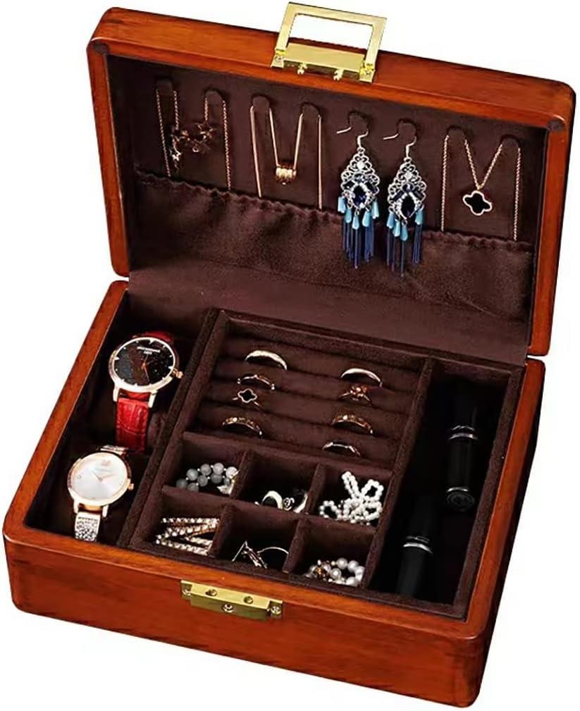 Bescott 2 Layer Solid Wooden Jewelry Box with Lock and Key for Women Men Vintage Velvet Wood Jewelry Organizer Storage for Earrings Rings Necklaces Bracelet Watch Mothers Day Gift (Deep brown velvet)