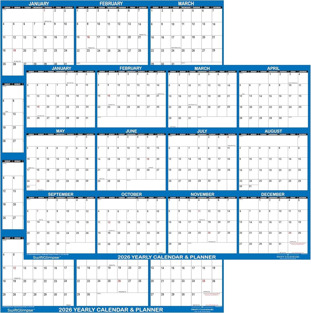 24" x 36" SwiftGlimpse 2026 Wall Calendar Erasable Large Wet & Dry Erase Laminated 12 Month Annual Yearly Wall Planner, Reversible, Horizontal/Vertical, Navy