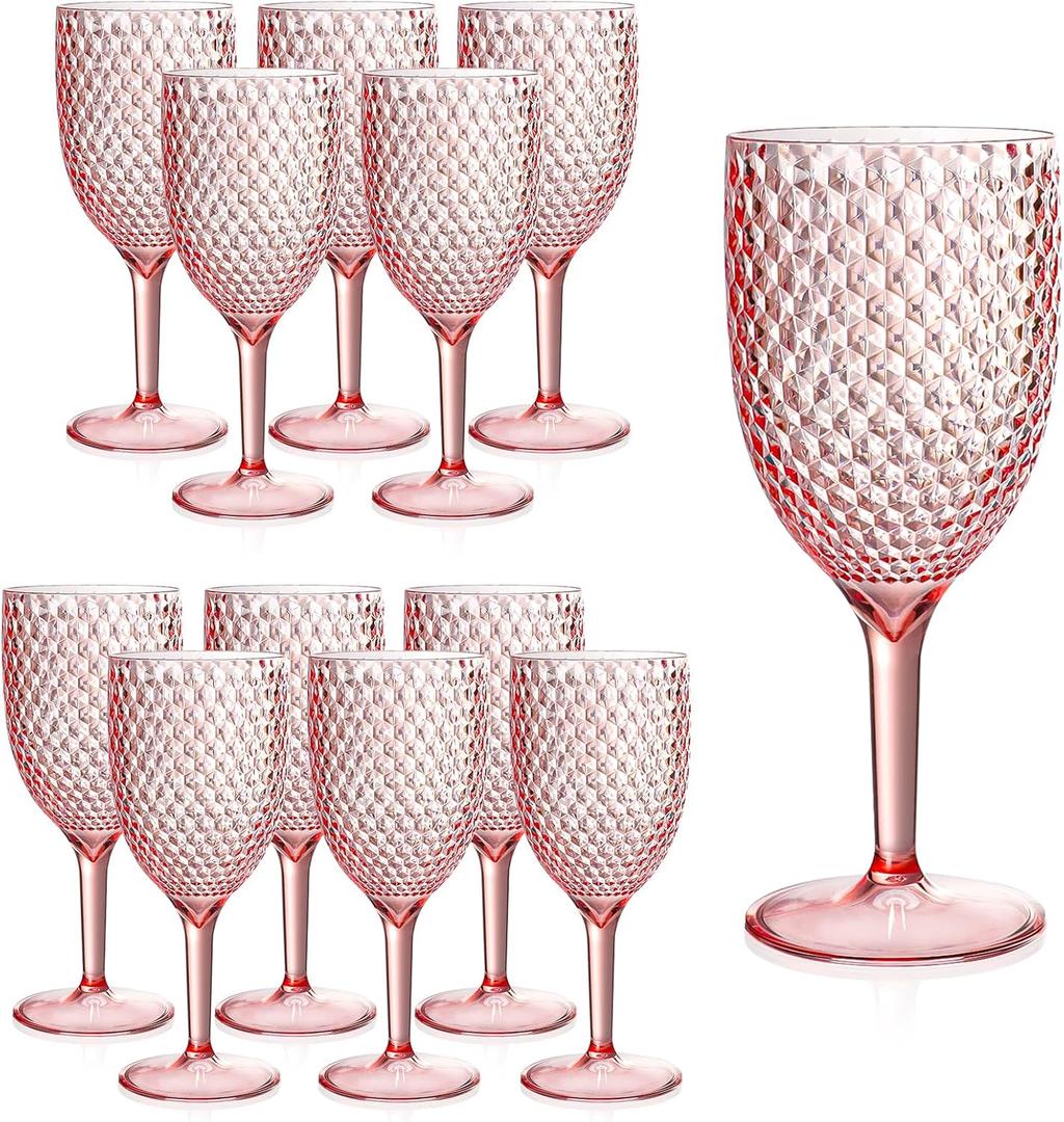 12Pcs Pink Plastic Wine Glasses 13.5oz Reusable Acrylic Wedding Goblets Toasting Glassware Unbreakable Wine Cups with Long Stem Crystal Drinking Glasses Champagne Flutes for Bar Restaurants Party
