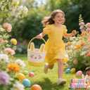 Easter Basket with Handle, Bunny Design for Boys and Girls, Egg Hunt Gift Basket (Yellow white)