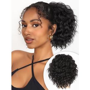 ALXNAN Wavy Curly Ponytail Extension, 8" Black Brown Drawstring Ponytail for Black Women Short Soft Natural Synthetic Hairpiece Thick For Daily Use (8 Inch)
