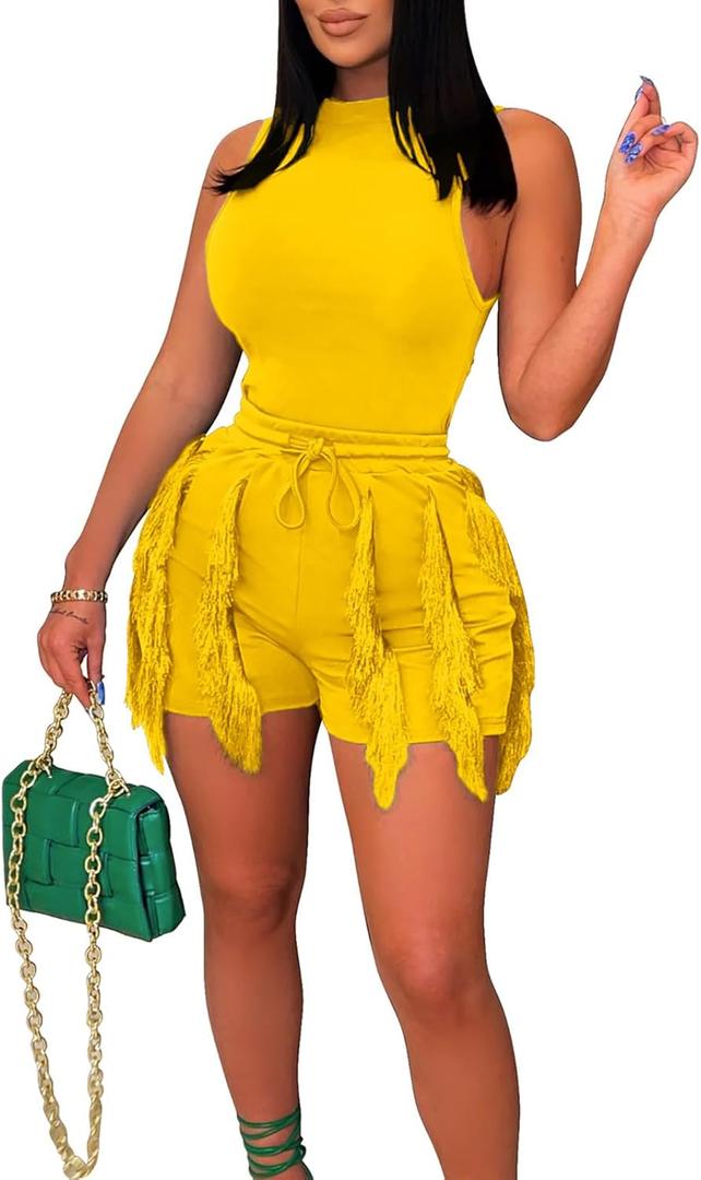 Aladeno Women 2 Piece Outfits Shorts Sets Sexy Solid Sleeveless Tops Fringe Tassel Shorts Jumpsuits Sweatsuit Clubwear (Large, Yellow)
