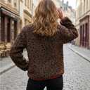 Ainangua Fuzzy Half Zip Fleece Jacket Women Long Sleeve Sherpa Pullover Sweatshirt Casual Warm Winter Chunky Teddy Outerwear (Medium, Leopard)