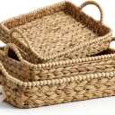 Handwoven Water Hyacinth Storage Baskets for Toilet, Living Room, Nursery Organization - Natural Rectangular Set of 3 Versatile Nesting Baskets with Scalloped Edge Design & Handles