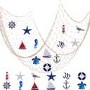 13pcs Nautical Fish Net Wall Decoration Nature Fishing Fishnet Wooden Decor Hangings Starfish Sailboat Lighthouse Life Ring Rudder Turtle Decorative Party Wedding (Deep Blue)